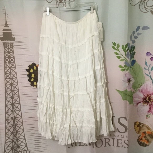 Rene Margo NWT Women’s White Wrinkled Tiered Lined Boho Midi Skirt L (12-14) - Picture 1 of 8